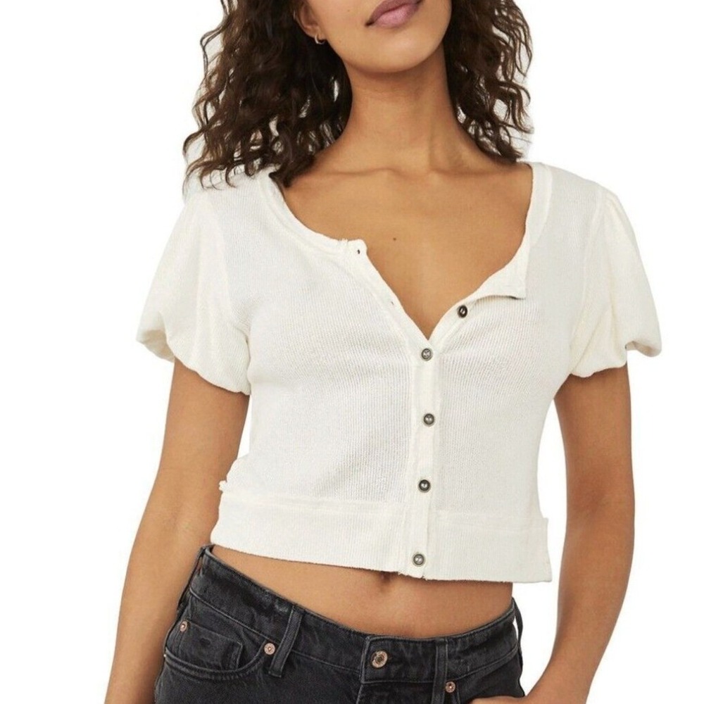 We‎ the Free Molly T-Shirt Button Down Size S White Distressed Boho Indie